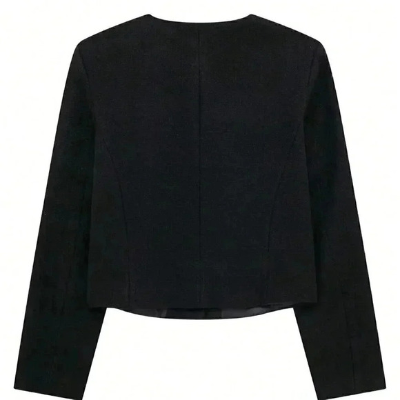 Black Elegant Women's Casual Tweed Jacket Decorated Long Sleeve Coat - Picture 8 of 8